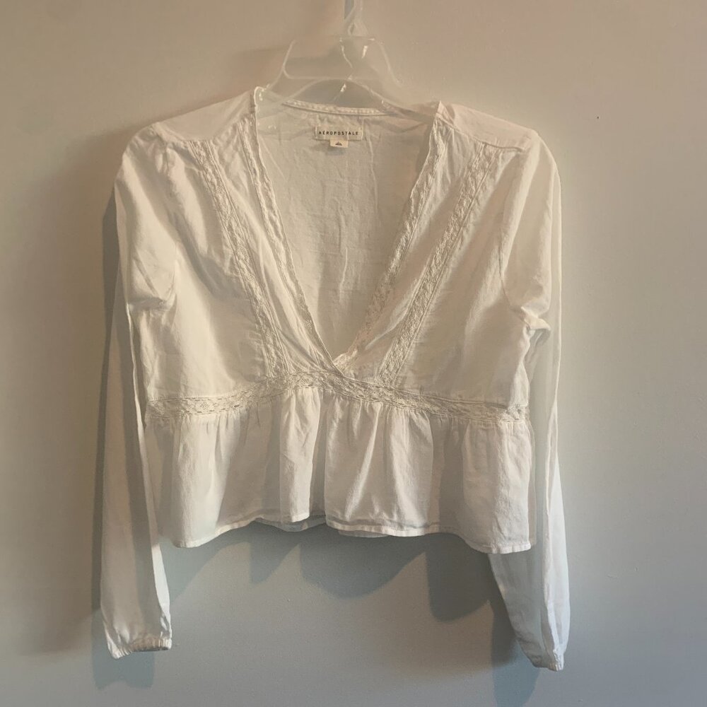 Aeropostale Long Sleeve Embroidered V-Neck White Babydoll Top
